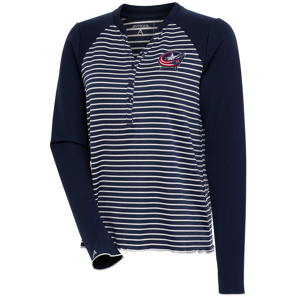 Women's Antigua Navy Columbus Blue Jackets Maverick Henley Long Sleeve T-Shirt
