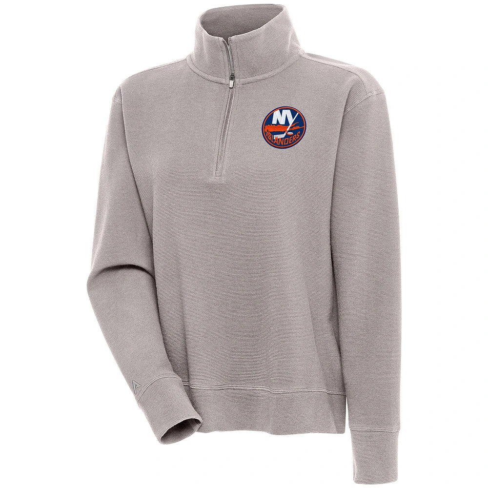 Women's Antigua Oatmeal New York Islanders Portal Quarter-Zip Pullover Top