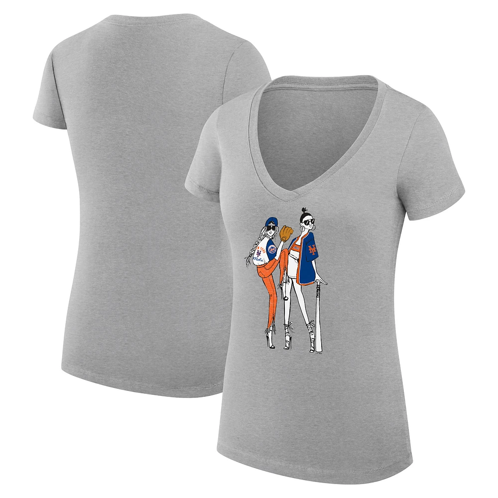 Women's G-III 4Her by Carl Banks Heather Gray New York Mets Baseball V-Neck Fitted T-Shirt