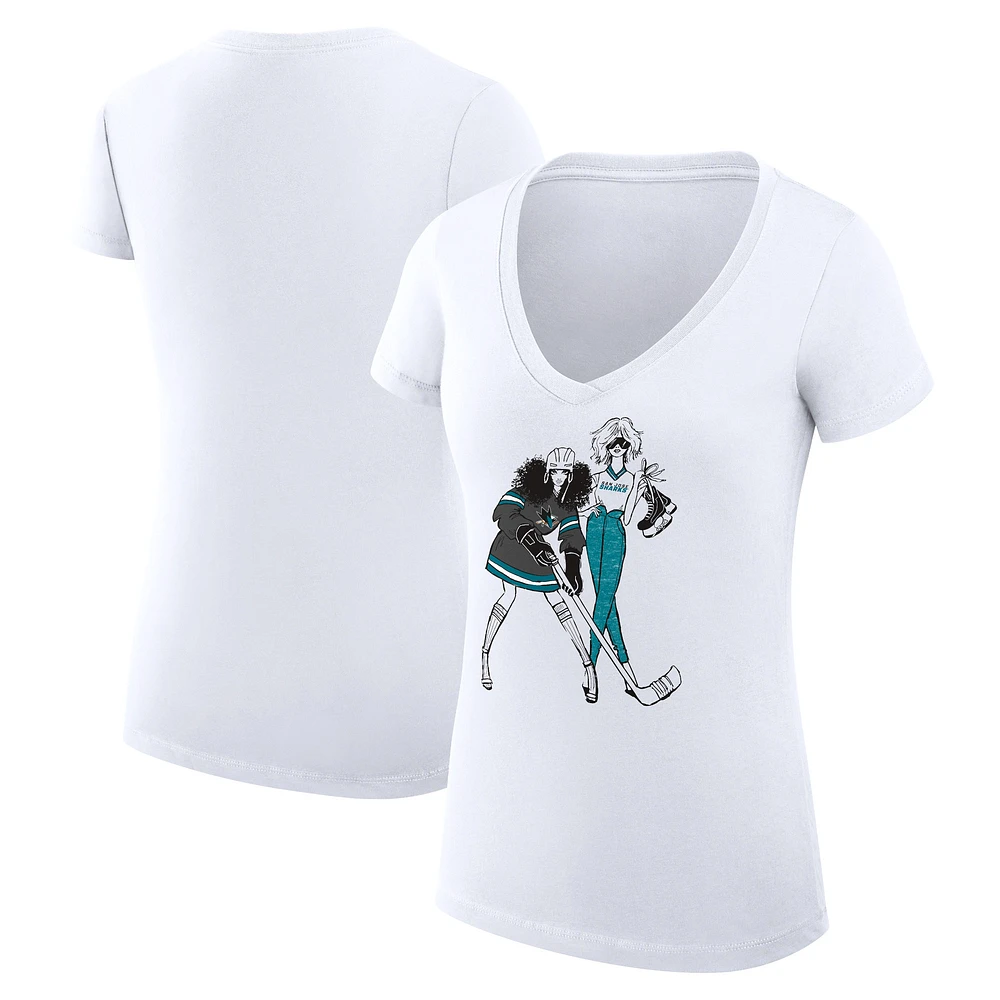 Women's G-III 4Her by Carl Banks White San Jose Sharks Hockey Girls V-Neck Fitted T-Shirt