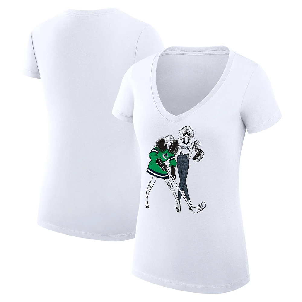 Women's G-III 4Her by Carl Banks White Vancouver Canucks Hockey Girls V-Neck Fitted T-Shirt