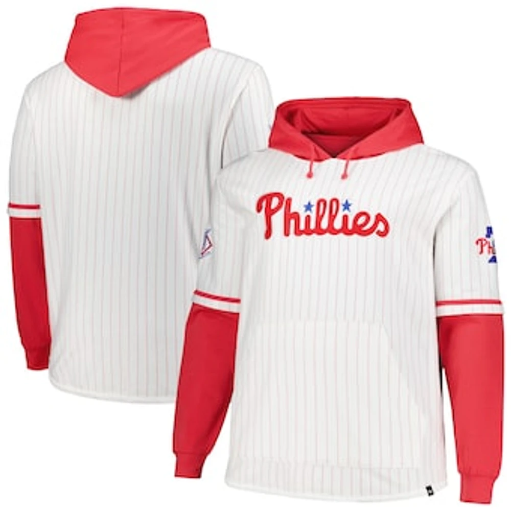 Men's '47 White Philadelphia Phillies Big & Tall Pinstripe Double Header Collection Pullover Hoodie