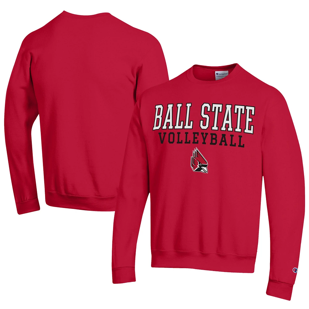 Men's Champion Cardinal Ball State Cardinals Stacked Logo Volleyball Eco Powerblend Pullover Sweatshirt