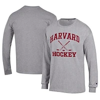 Men's Champion  Gray Harvard Crimson Icon Logo Hockey Jersey Long Sleeve T-Shirt