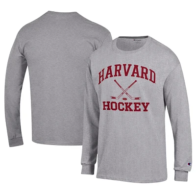 Men's Champion  Gray Harvard Crimson Icon Logo Hockey Jersey Long Sleeve T-Shirt