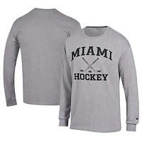 Men's Champion  Gray Miami University RedHawks Icon Logo Hockey Jersey Long Sleeve T-Shirt