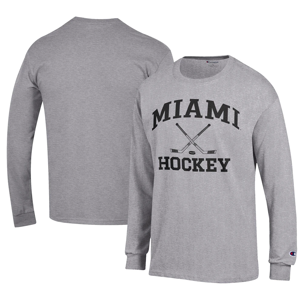 Men's Champion Gray Miami University RedHawks Icon Logo Hockey Jersey Long Sleeve T-Shirt