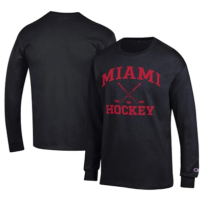 Men's Champion  Black Miami University RedHawks Icon Logo Hockey Jersey Long Sleeve T-Shirt
