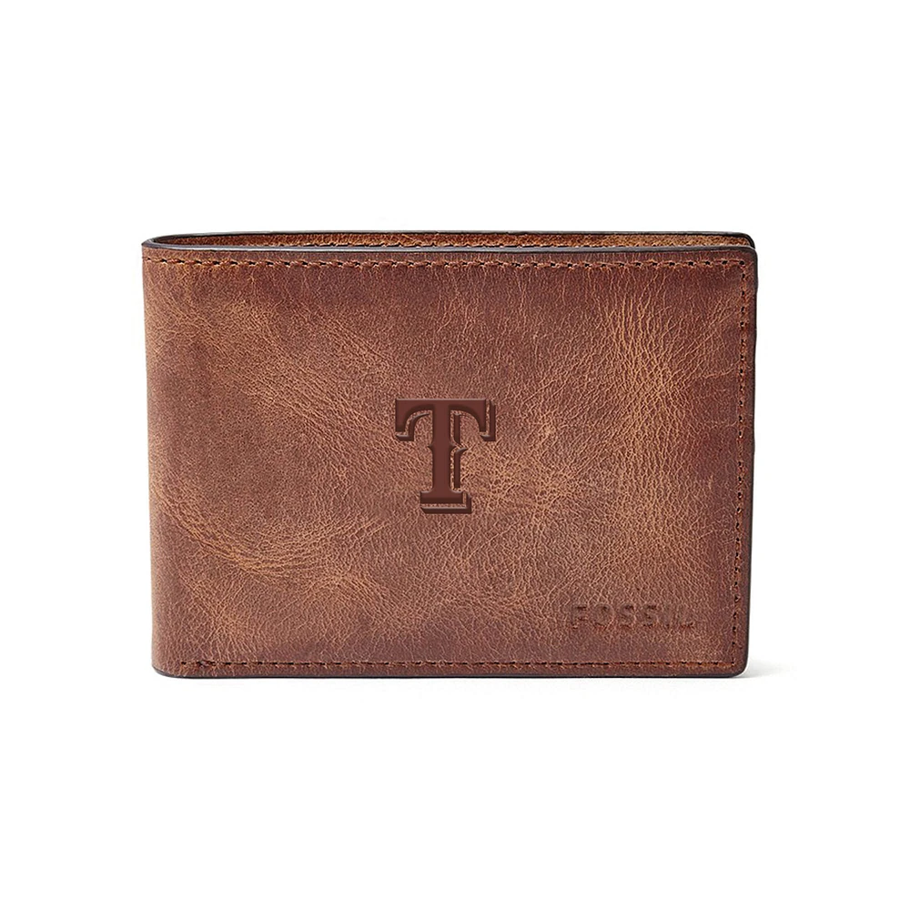 Fossil Brown Texas Rangers Leather Derrick Front Pocket Bifold Wallet