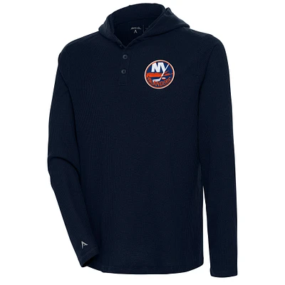 Men's Antigua  Navy New York Islanders Strong Hold Long Sleeve Henley Hoodie T-Shirt