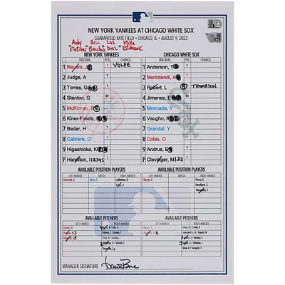 New York Yankees Game-Used Lineup Card vs. Chicago White Sox on August 9, 2023