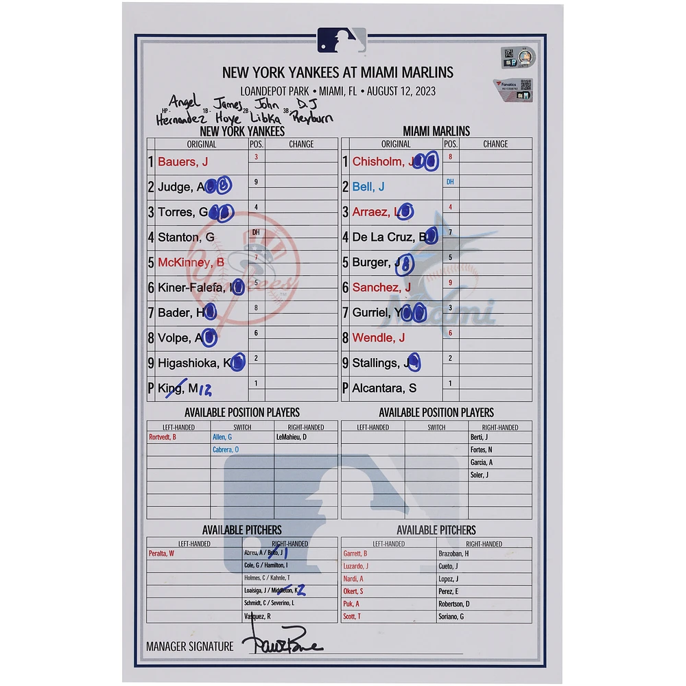 New York Yankees Game-Used Lineup Card vs. Miami Marlins on August 12, 2023