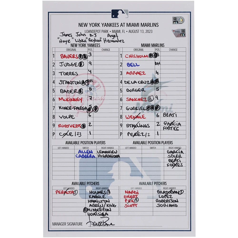 New York Yankees Game-Used Lineup Card vs. Miami Marlins on August 13, 2023
