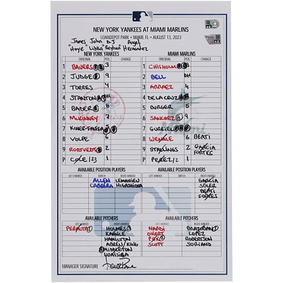 New York Yankees Game-Used Lineup Card vs. Miami Marlins on August 13, 2023