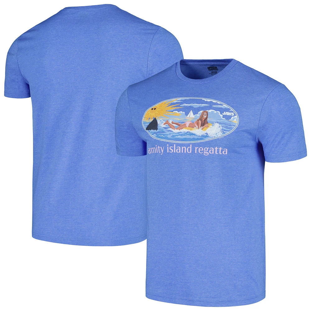 Unisex Heather Blue Jaws Girl On Float T-Shirt