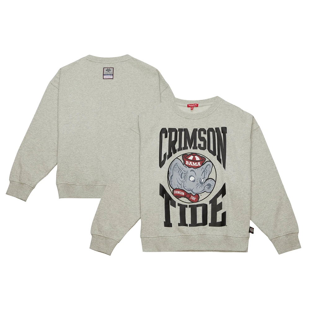 Women's Mitchell & Ness Heather Gray Alabama Crimson Tide Oversized Logo Lightweight Pullover Sweatshirt