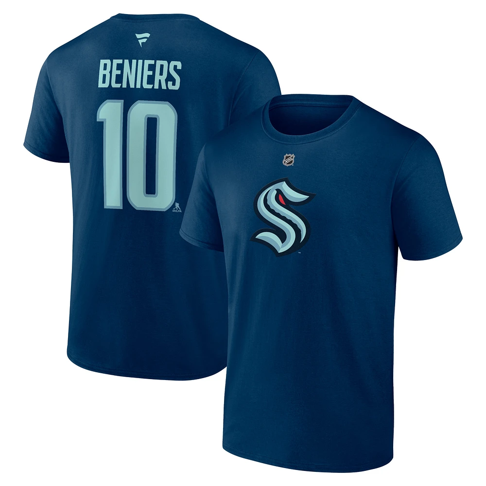 Men's Fanatics Matty Beniers Deep Sea Blue Seattle Kraken Authentic Stack Name & Number T-Shirt