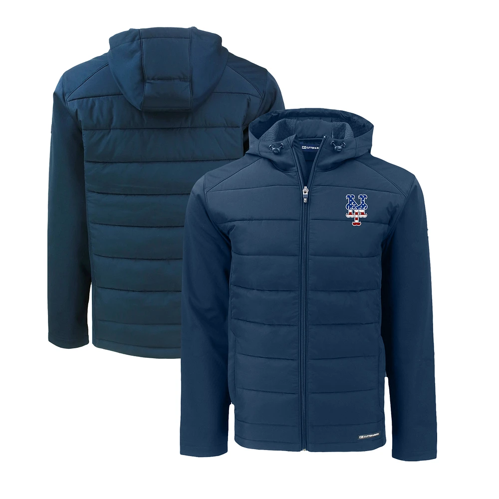 Men's Cutter & Buck Navy New York Mets Stars Stripes Evoke Hybrid Eco Softshell Recycled Full-Zip Hoodie Jacket