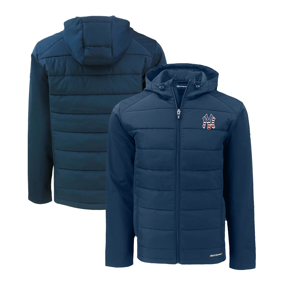 Men's Cutter & Buck Navy New York Yankees Stars Stripes Evoke Hybrid Eco Softshell Recycled Full-Zip Hoodie Jacket