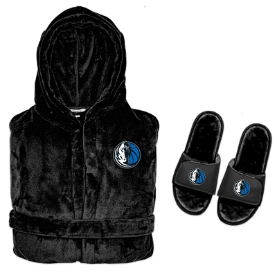 Men's ISlide  Black Dallas Mavericks Hooded Phantom Robe & Fur Slide Bundle