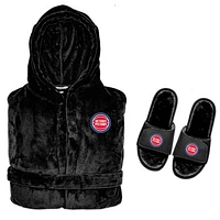 Men's ISlide  Black Detroit Pistons Hooded Phantom Robe & Fur Slide Bundle