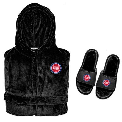 Men's ISlide  Black Detroit Pistons Hooded Phantom Robe & Fur Slide Bundle