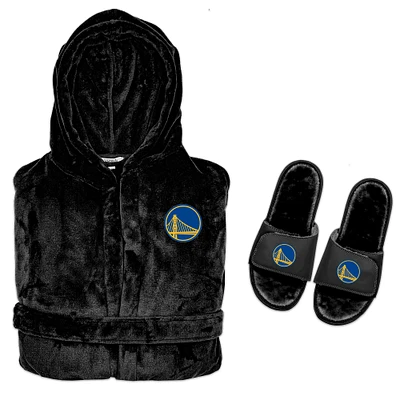 Men's ISlide  Black Golden State Warriors Hooded Phantom Robe & Fur Slide Bundle