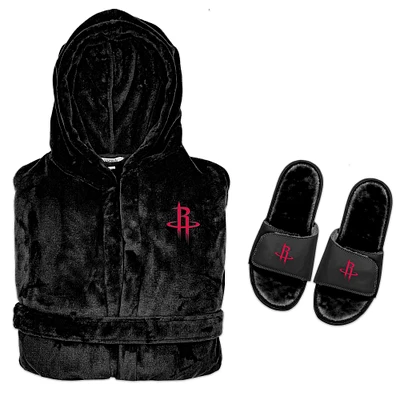 Men's ISlide  Black Houston Rockets Hooded Phantom Robe & Fur Slide Bundle