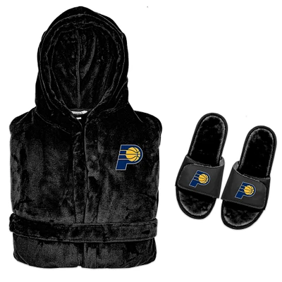 Men's ISlide  Black Indiana Pacers Hooded Phantom Robe & Fur Slide Bundle