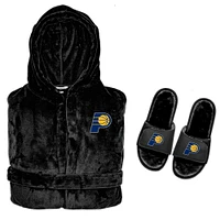Men's ISlide  Black Indiana Pacers Hooded Phantom Robe & Fur Slide Bundle