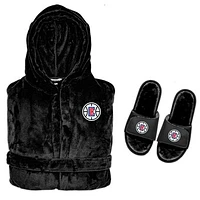 Men's ISlide  Black LA Clippers Hooded Phantom Robe & Fur Slide Bundle