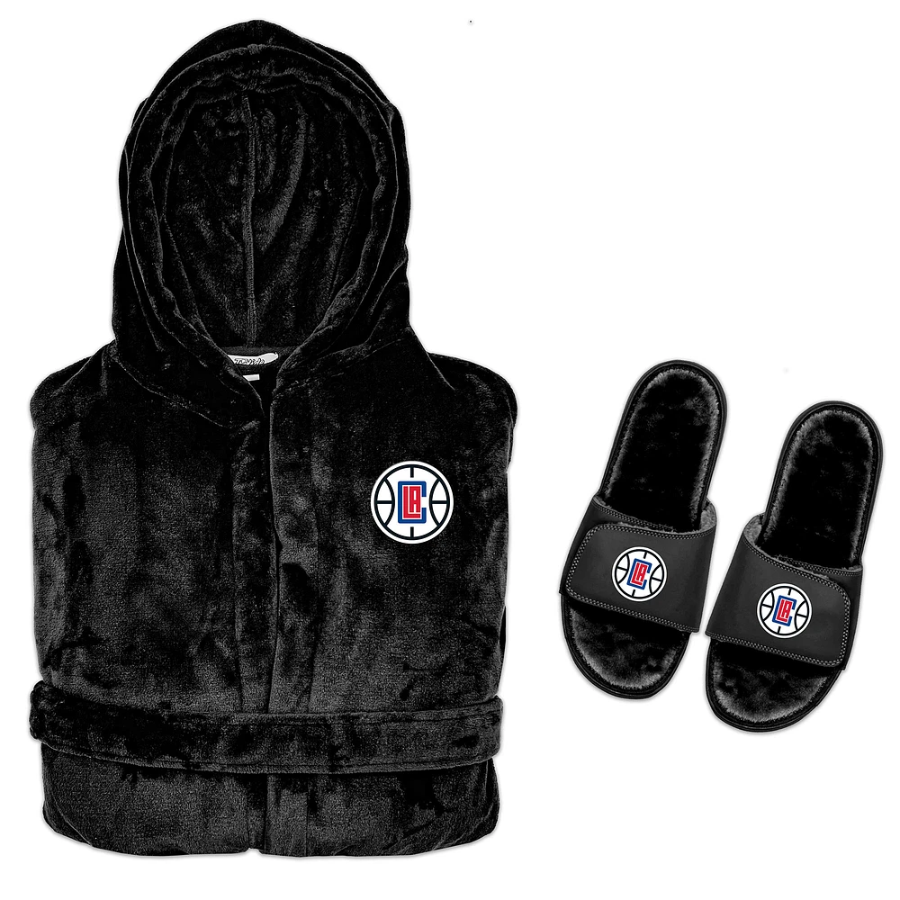 Men's ISlide Black LA Clippers Hooded Phantom Robe & Fur Slide Bundle