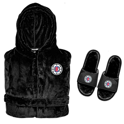 Men's ISlide  Black LA Clippers Hooded Phantom Robe & Fur Slide Bundle