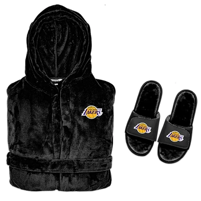 Men's ISlide  Black Los Angeles Lakers Hooded Phantom Robe & Fur Slide Bundle