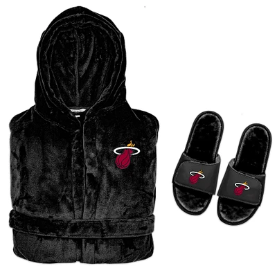 Men's ISlide  Black Miami Heat Hooded Phantom Robe & Fur Slide Bundle