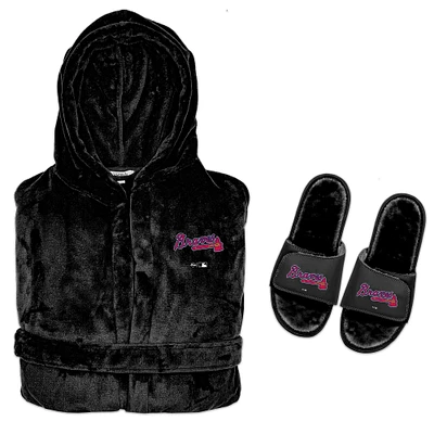 Men's ISlide  Black Atlanta Braves Hooded Phantom Robe & Fur Slide Bundle