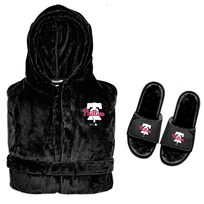 Men's ISlide  Black Philadelphia Phillies Hooded Phantom Robe & Fur Slide Bundle