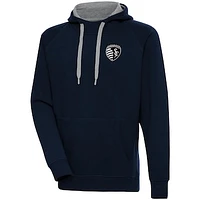 Men's Antigua  Navy Sporting Kansas City Brushed Metallic Victory Raglan Pullover Hoodie