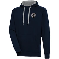 Men's Antigua  Navy Sporting Kansas City Brushed Metallic Victory Raglan Pullover Hoodie