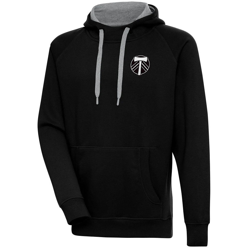 Men's Antigua Black Portland Timbers Brushed Metallic Victory Raglan Pullover Hoodie