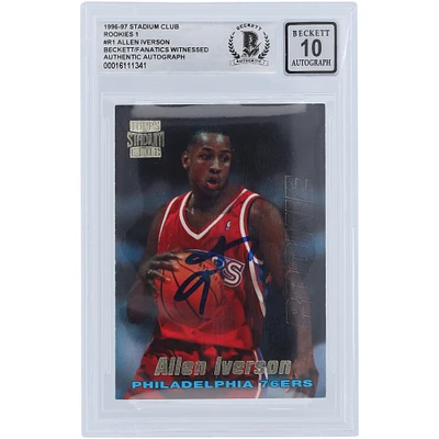 Allen Iverson Philadelphia 76ers Autographed 1996-97 Topps Stadium Club #R1 Beckett Fanatics Witnessed Authenticated 10 Rookie Card