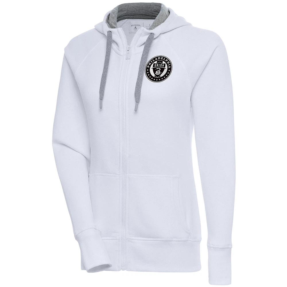 Women's Antigua  White Philadelphia Union Brushed Metallic Victory Raglan Full-Zip Hoodie