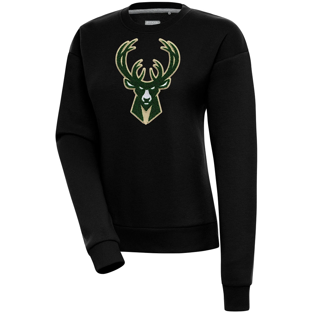 Women's Antigua Black Milwaukee Bucks Victory Crewneck Pullover Sweatshirt