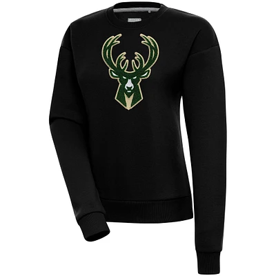 Women's Antigua  Black Milwaukee Bucks Victory Crewneck Pullover Sweatshirt