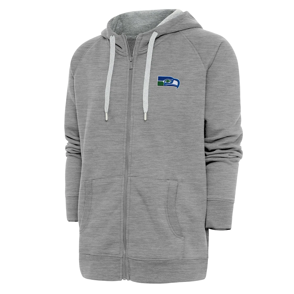 Men's Antigua Heather Gray Seattle Seahawks Throwback Logo Victory Full-Zip Hoodie