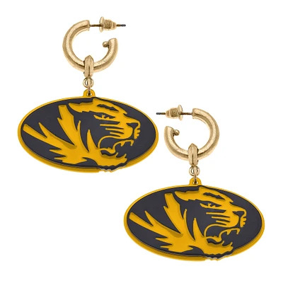Women' CANVAS Style Missouri Tigers Resin Logo Drop Hoop Earrings