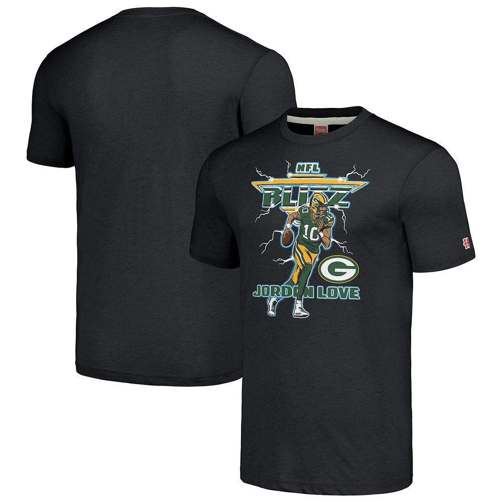 Men's Homage Jordan Love Charcoal Heather Green Bay Packers NFL Blitz Player Tri-Blend T-Shirt