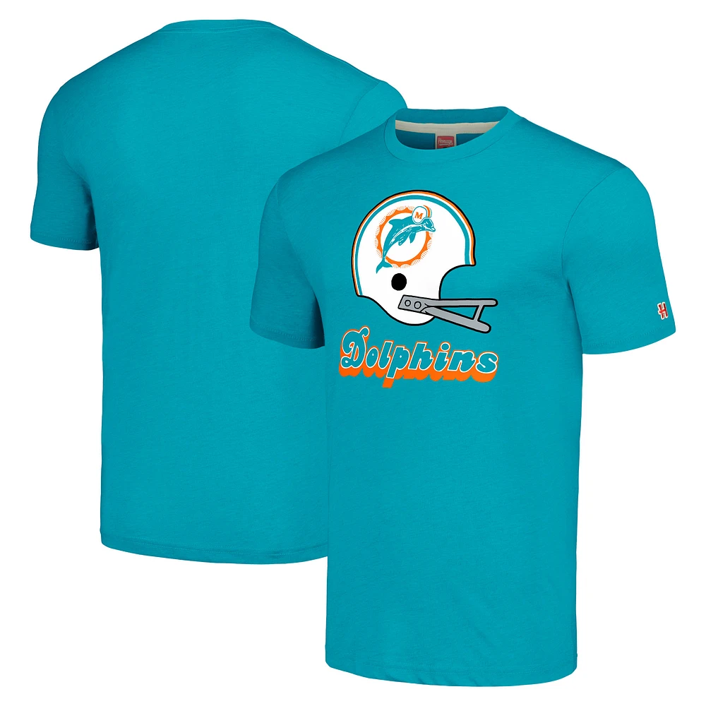 Unisex Homage Aqua Miami Dolphins Big Helmet Tri-Blend T-Shirt