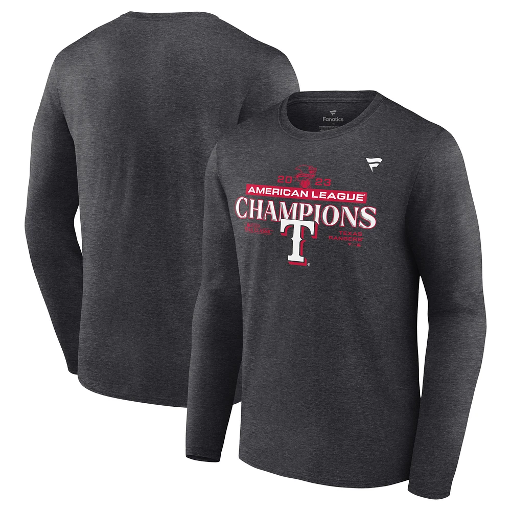 Men's Fanatics  Heather Charcoal Texas Rangers 2023 American League Champions Locker Room Long Sleeve T-Shirt