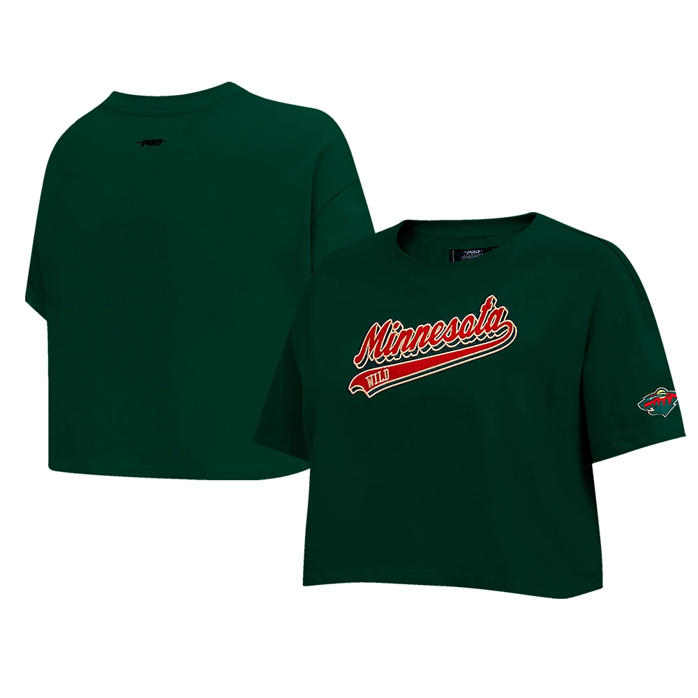 Women's Pro Standard Green Minnesota Wild Boxy Script Tail Cropped T-Shirt